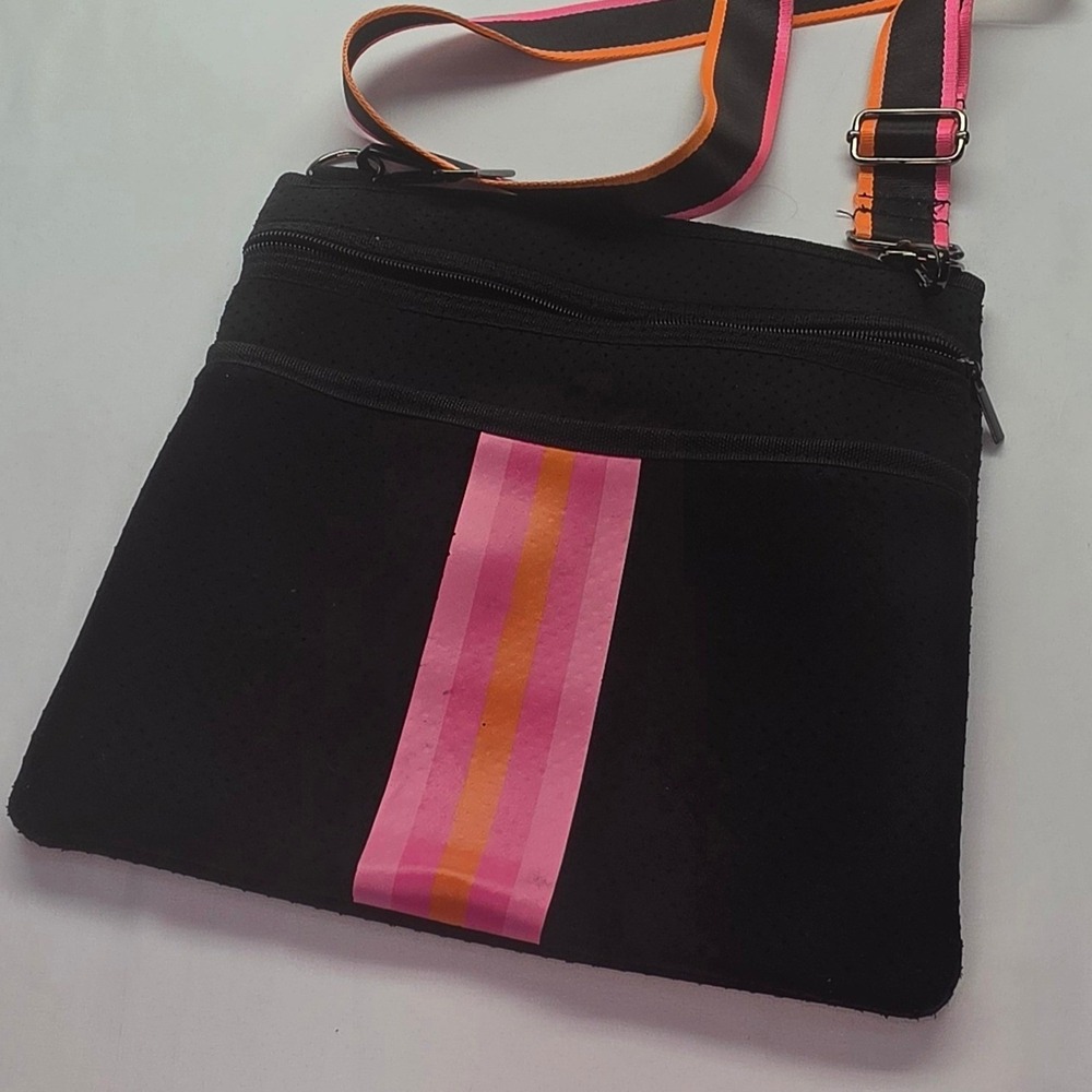 Black Perforated Neoprene Crossbody Bag Pink Orange Stripe Sporty Travel Purse